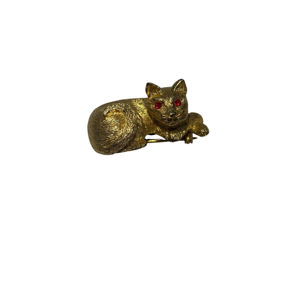 Vintage Gold Tone Brushed Red Rhinestone Eyes Kitty Cat Kitten Brooch Pin